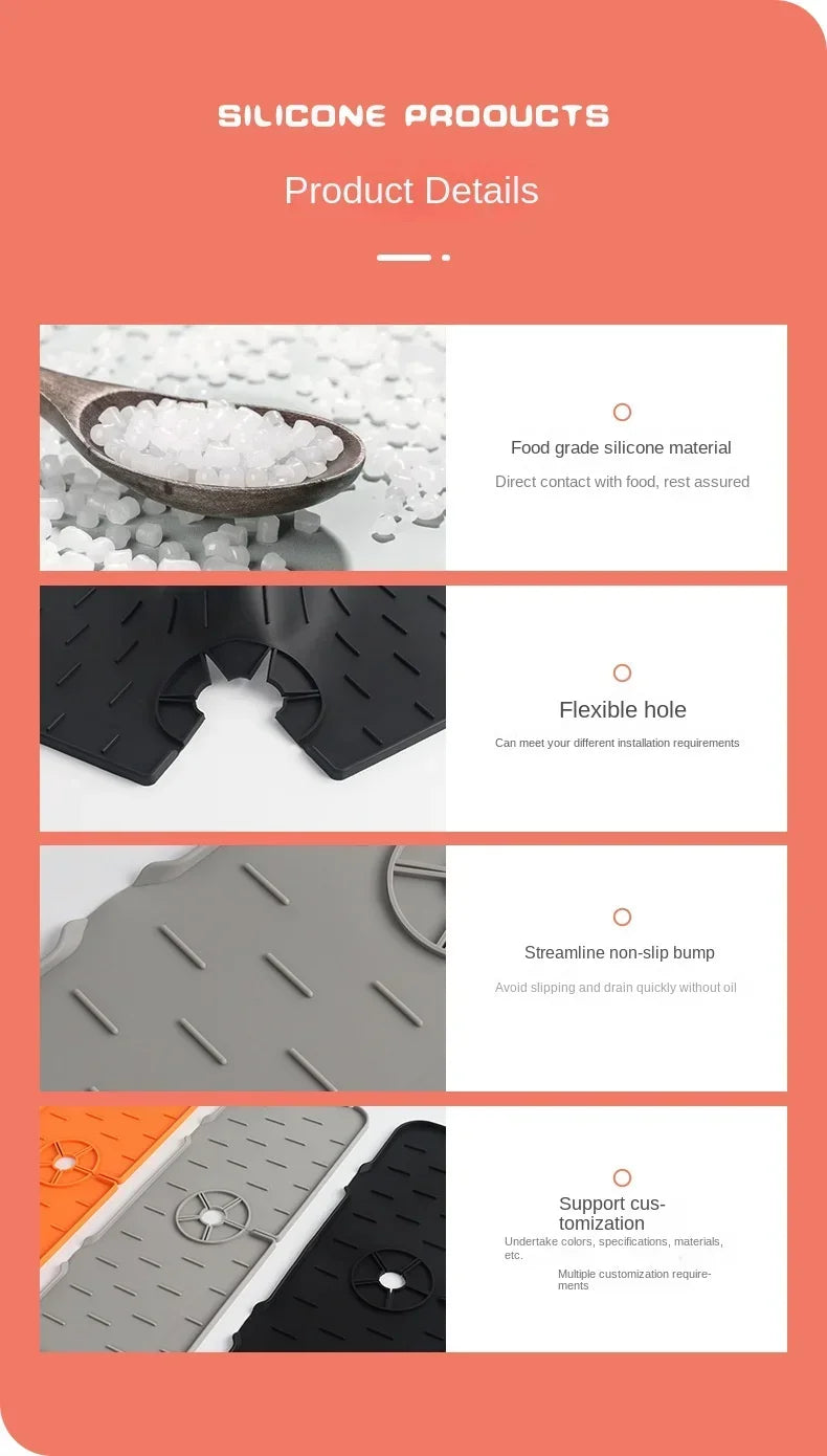 Various silicone products including a food grade material scoop, flexible hole mat, and customizable non-slip mats.