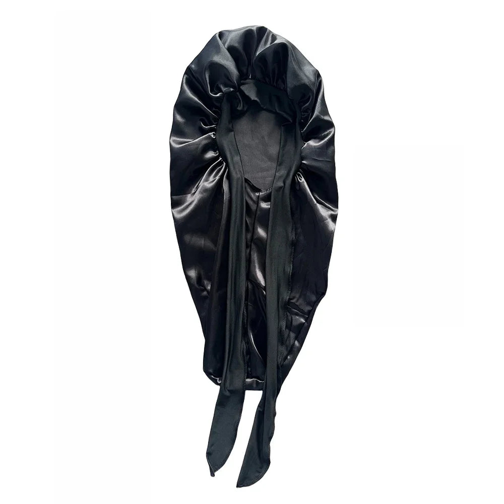 Black satin sleeping bonnet for curly hair