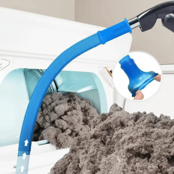 A blue flexible hose for cleaning a dryer vent is shown next to a lint-filled dryer drum.