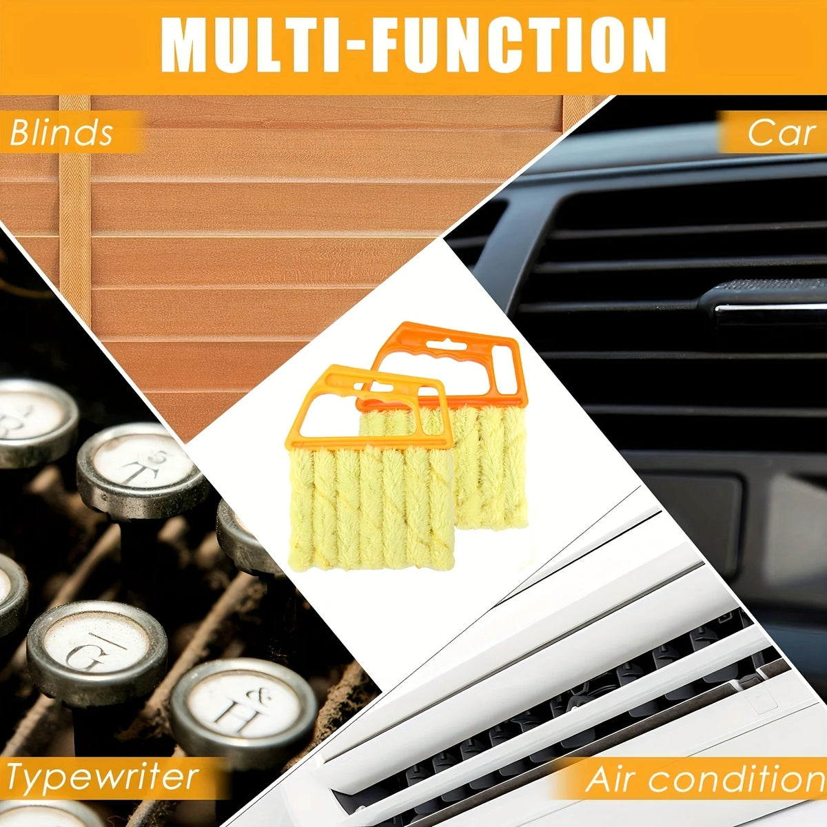 A multi-function cleaning brush used for blinds, car interiors, typewriter, and air conditioning vents.
