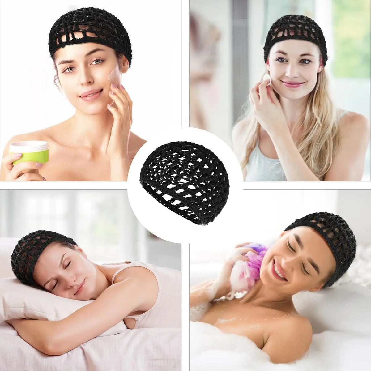A woman wearing a black mesh wig cap for hair and turban wear, shown in various close-up shots.