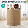 A beige woven storage hamper with handles is shown filled with stuffed animals.
