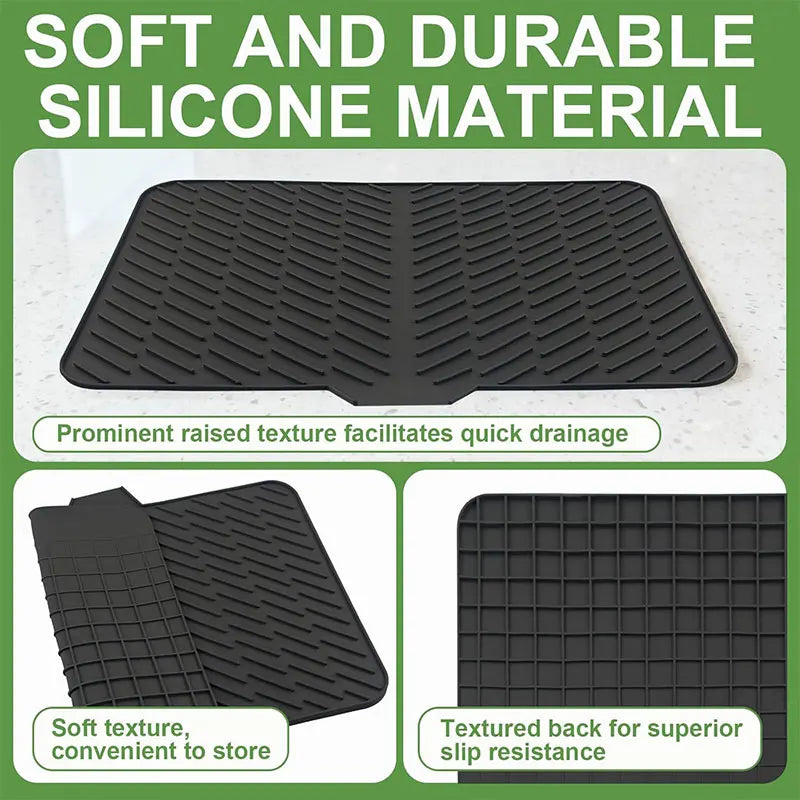 Black silicone dish drying mat with raised texture for quick drainage and slip resistance