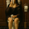 A woman in a dark cloak sits on a toilet in a wooden bathroom with a tiled floor.