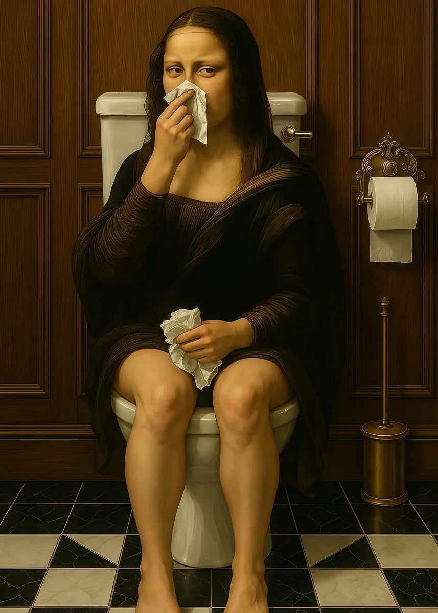 A woman in a dark cloak sits on a toilet in a wooden bathroom with a tiled floor.