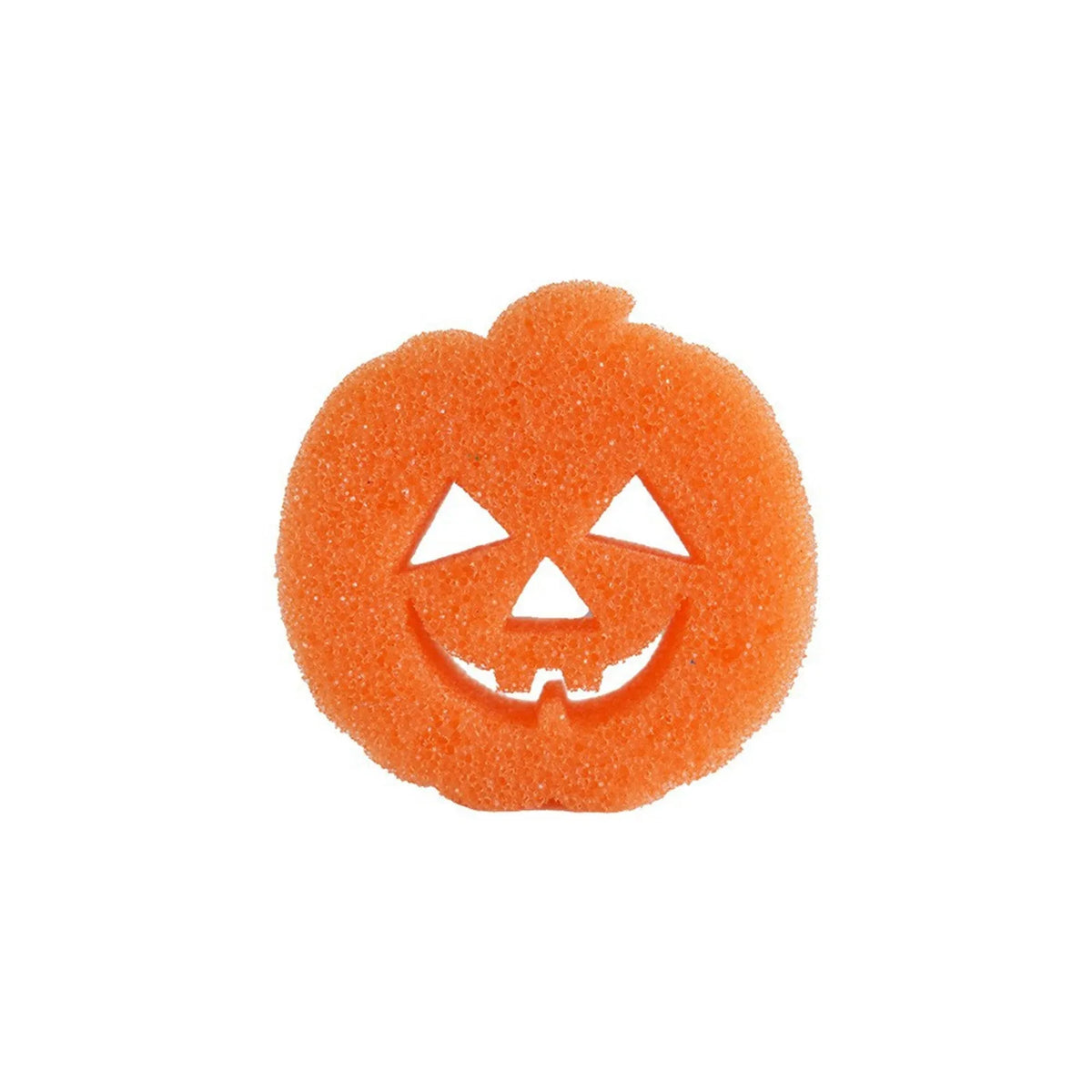 An orange, textured dish scrubbing sponge shaped like a carved pumpkin face.