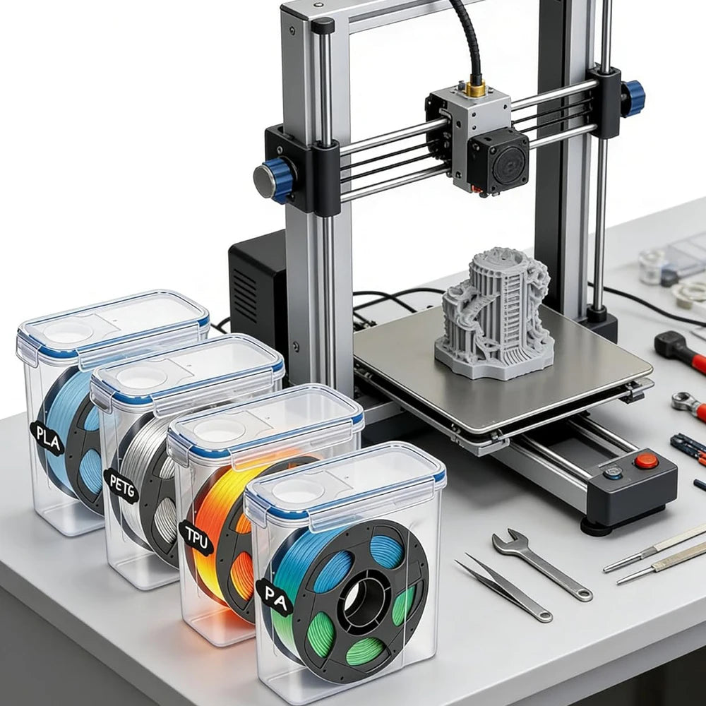 A set of clear airtight filament storage boxes for PLA, PETG, TPU, and PA materials mounted on a 3D printer frame.