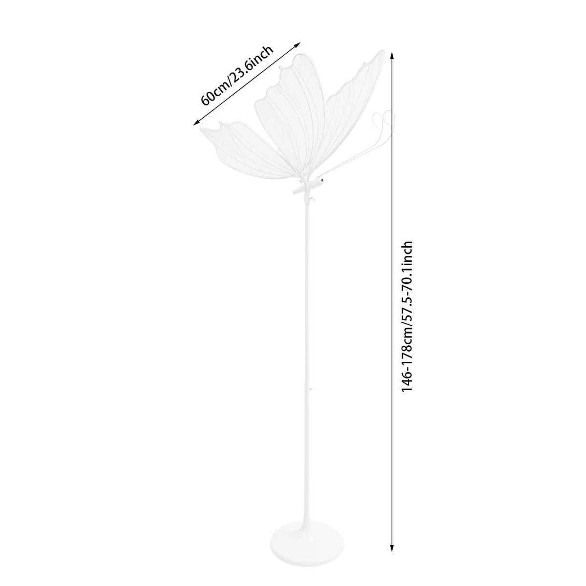Weiße romantische Schmetterlings-LED-Stehlampe mit großer blütenförmiger Schirm und schlankem Stand.