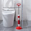A red heavy-duty toilet plunger with a long handle is shown next to a white toilet bowl.