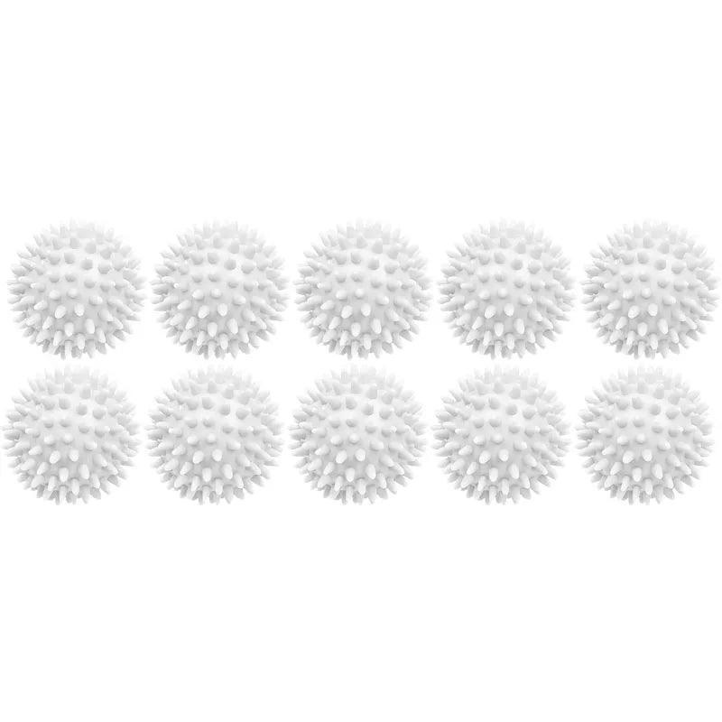 A row of white reusable laundry balls for clothes and machines.