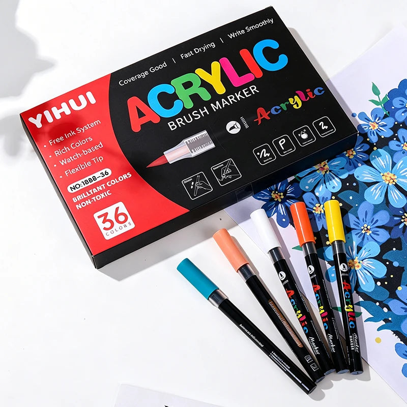 A set of Yihui acrylic brush markers with various colors displayed on a white background.