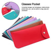 A stack of various colored PU leather glasses pockets and eyewear cases shown with a close-up of the product features.