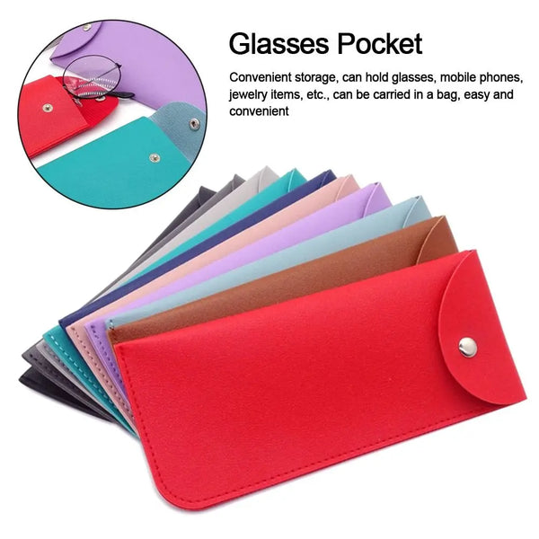 A stack of various colored PU leather glasses pockets and eyewear cases shown with a close-up of the product features.