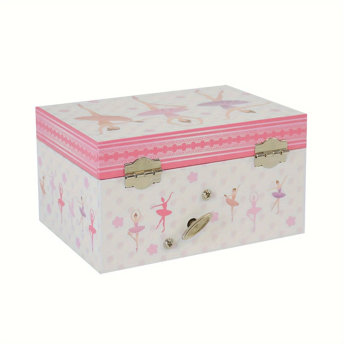 Caja de música clásica de ballet rosa y blanca con tapa y decoración de espejo.