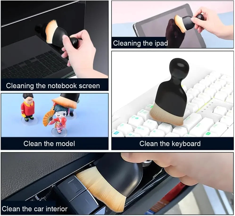 A multi-surface cleaning brush set is shown cleaning a laptop screen, an iPad, a model, and a keyboard.