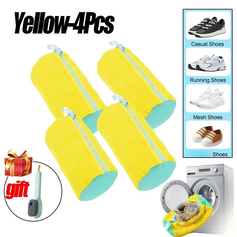Four yellow laundry bags with zippers for shoes, including casual and running shoes.