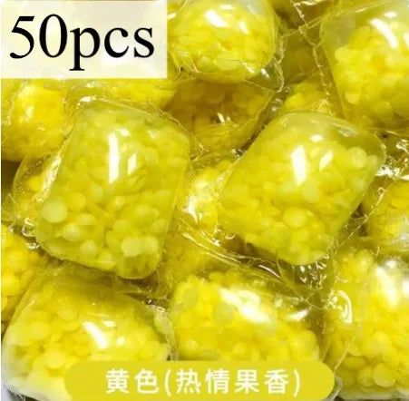Bag of yellow laundry fragrance beads for long-lasting freshness