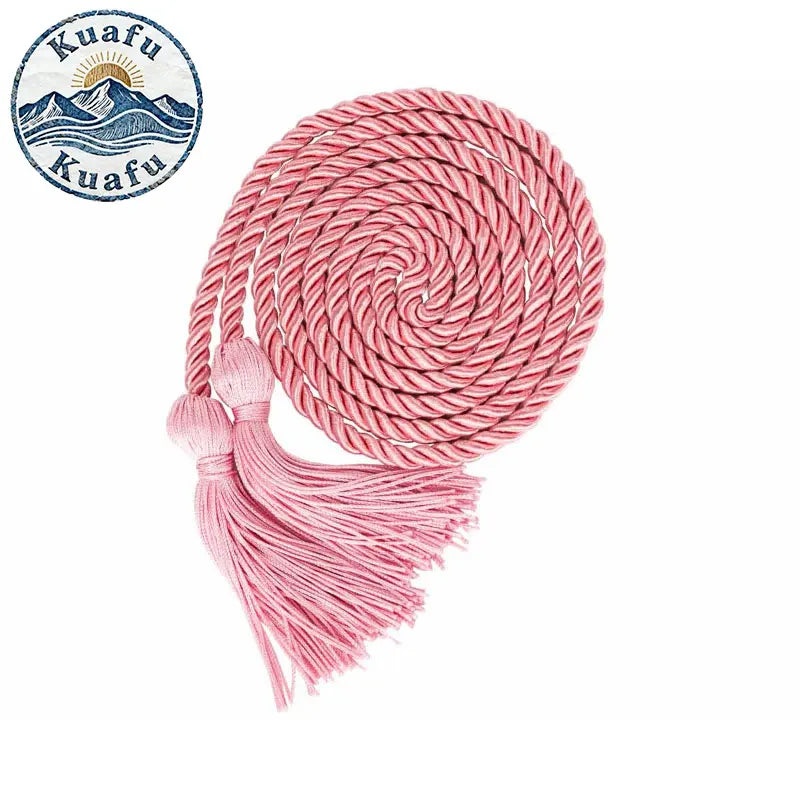 Pink graduation honor cord with tassel ends coiled into a spiral