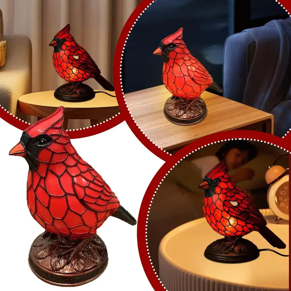 A decorative resin bird table lamp featuring a vibrant red and black patterned bird figurine.