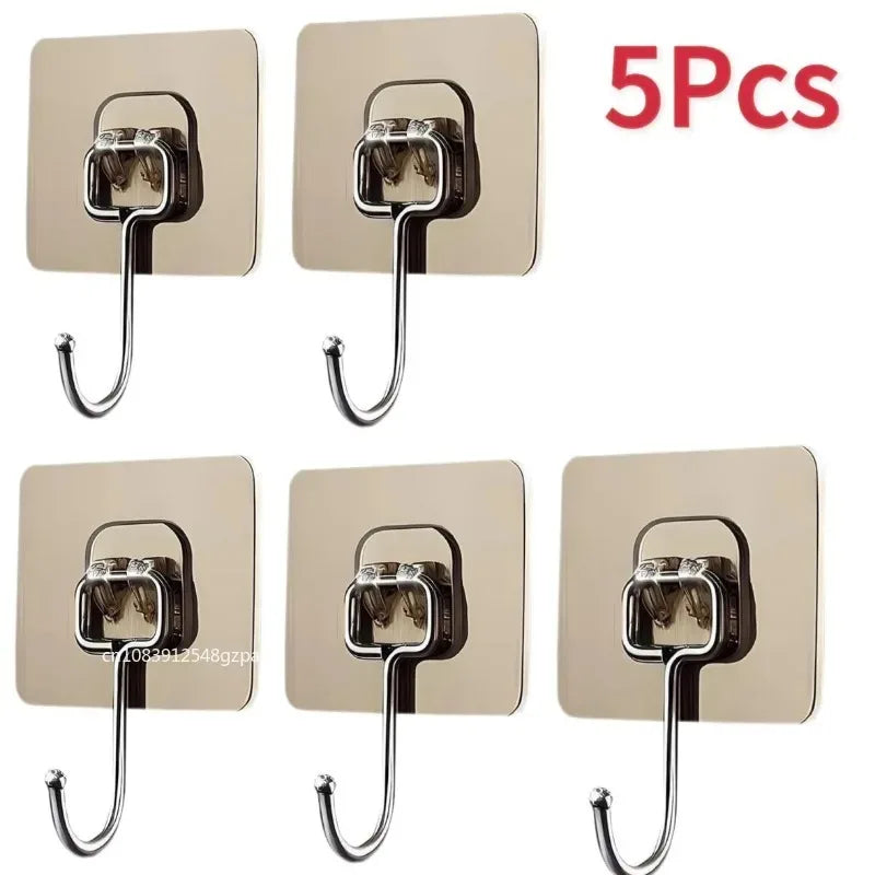 Five sets of self-adhesive rotating wall hooks for strong, waterproof storage.