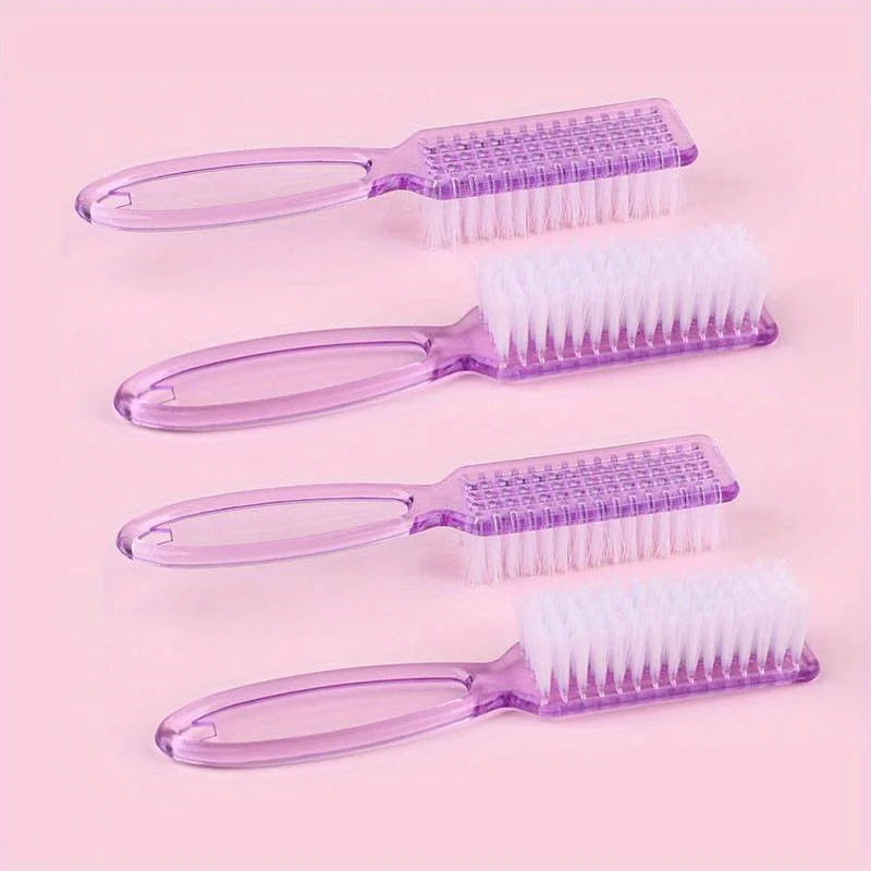 A set of four plastic brushes for nail art and dust cleaning, featuring various shapes and sizes.