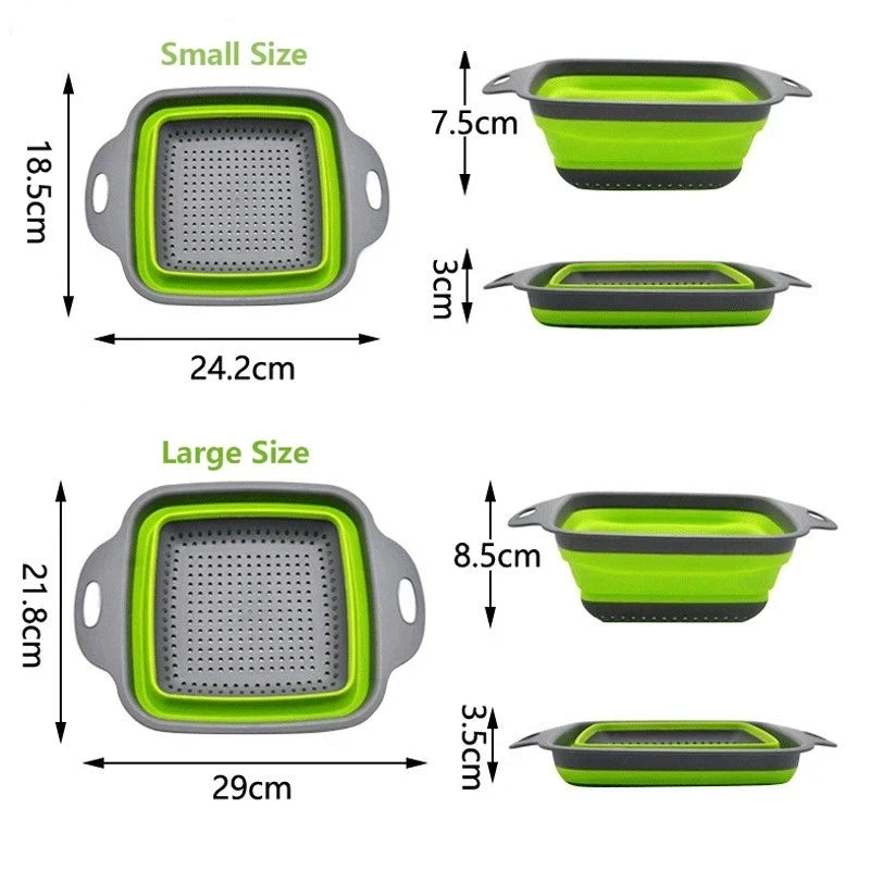 Un ensemble de paniers de drainage en silicone pliables vert lime et gris, en petites et grandes tailles.