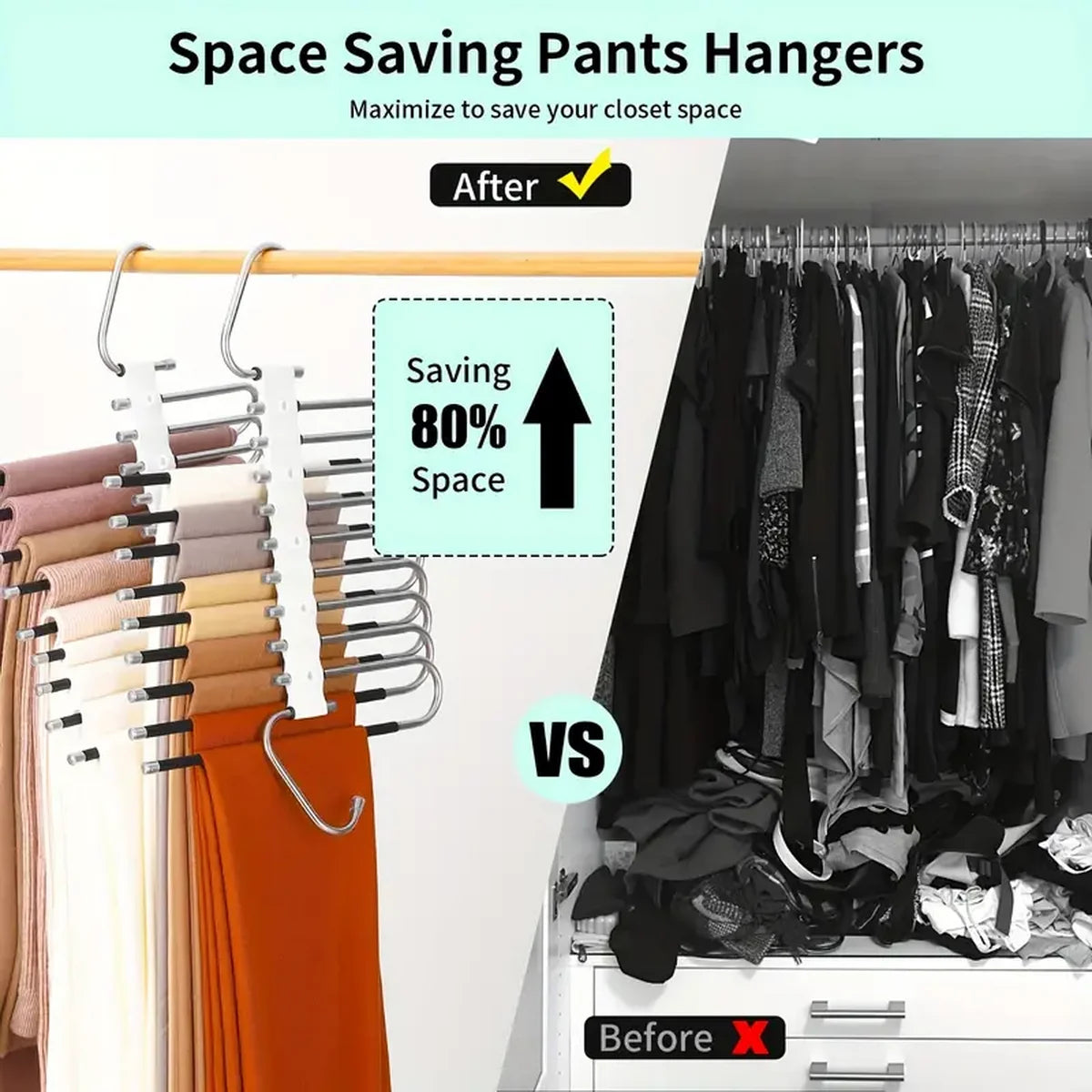 Comparison showing space-saving pants hangers maximizing closet space before and after use.