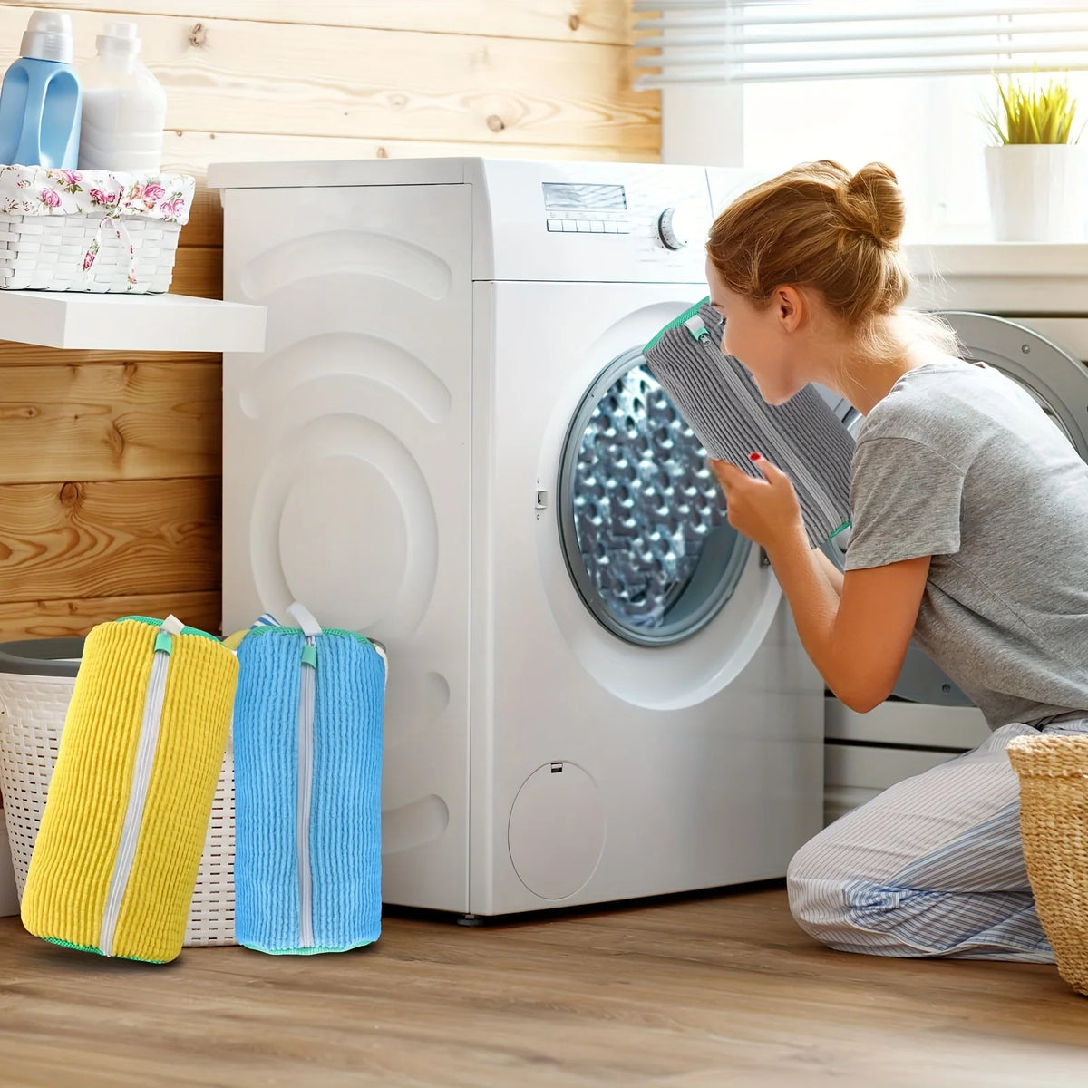 امرأة تضع حقيبة غسيل أحذية متينة من شبك في غسالة بيضاء.