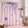 Pink shower curtain featuring purple and white floral butterfly patterns with hanging vines