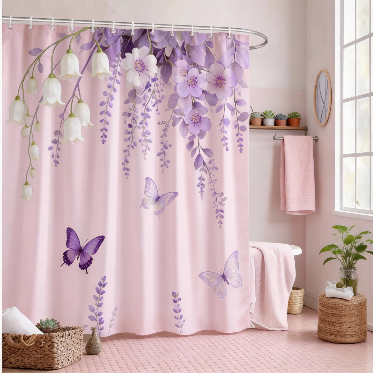 Pink shower curtain featuring purple and white floral butterfly patterns with hanging vines