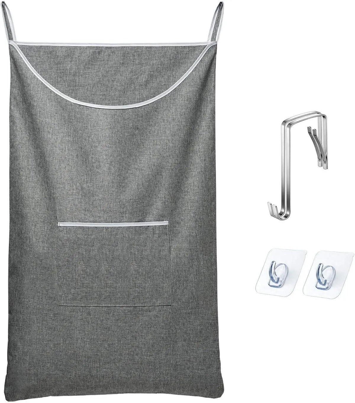 Gray durable door hanging laundry hamper with a metal hanger and hooks
