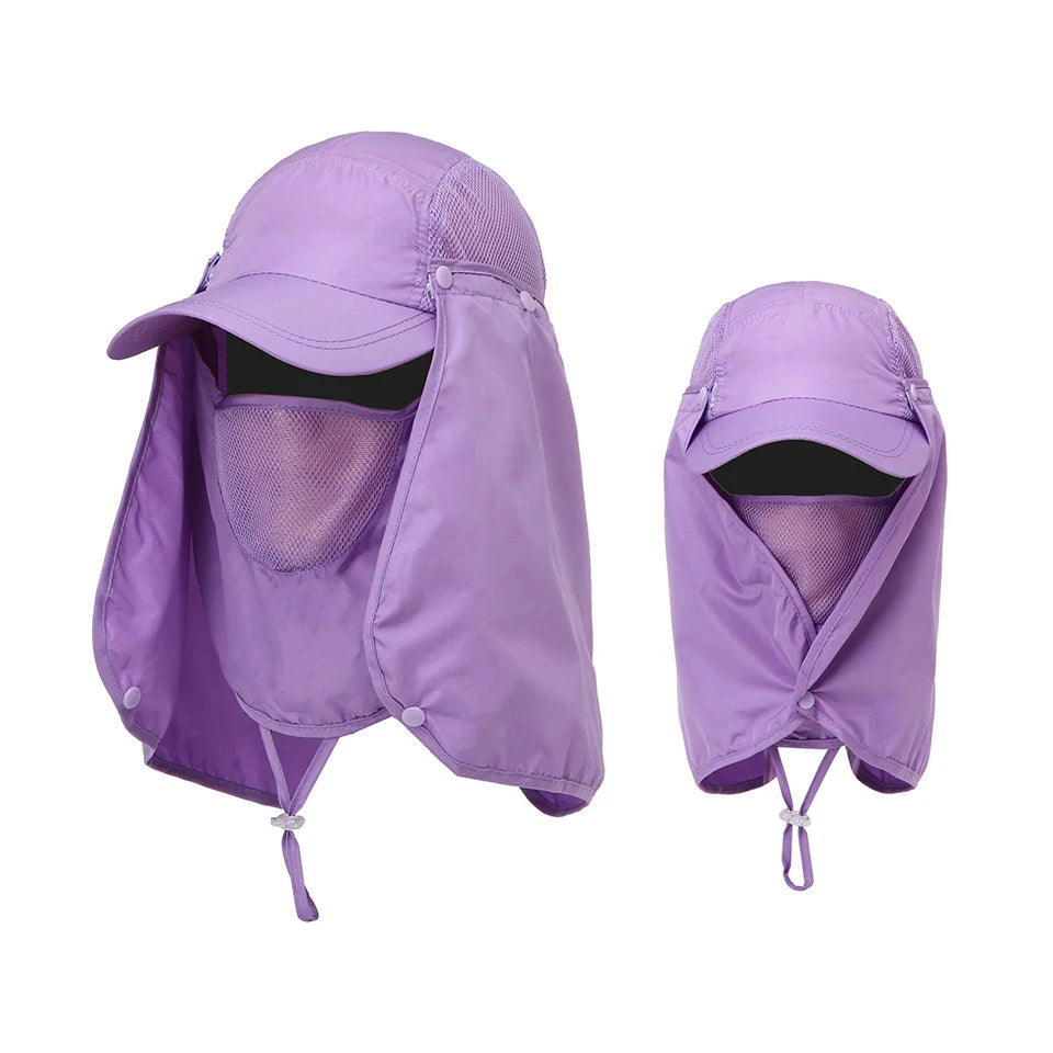 Purple UV protection fishing sun hat for men and women shown in a folded state