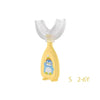 Yellow silicone U-shaped toothbrush with a blue penguin design for children aged 2-6 years.