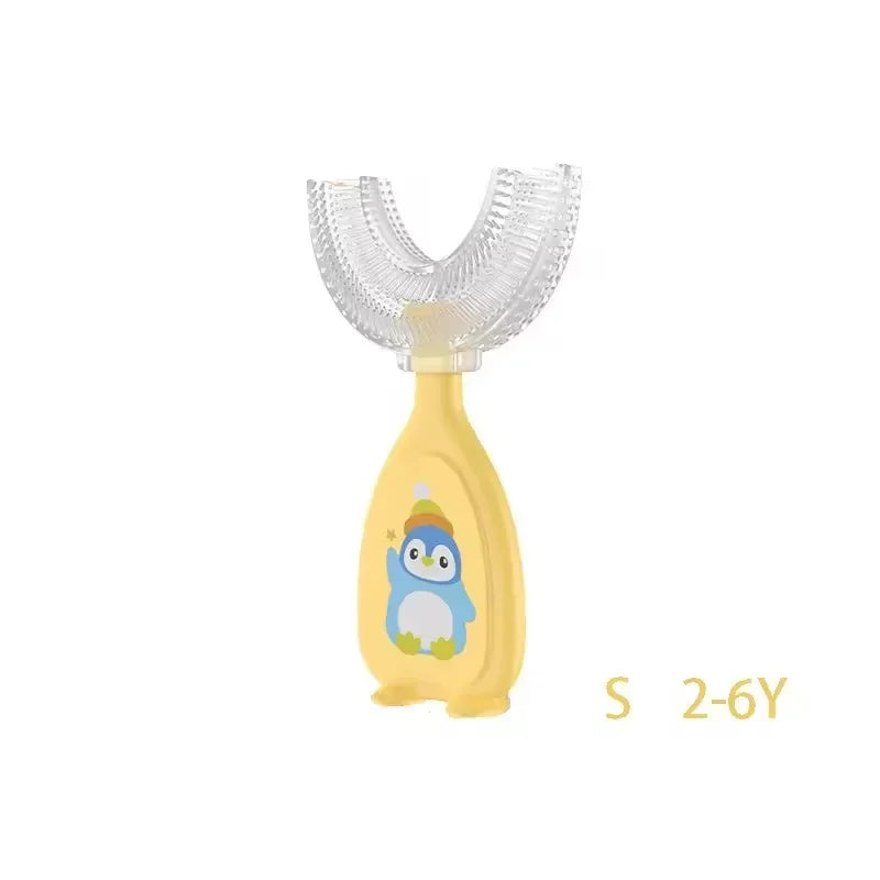 Yellow silicone U-shaped toothbrush with a blue penguin design for children aged 2-6 years.