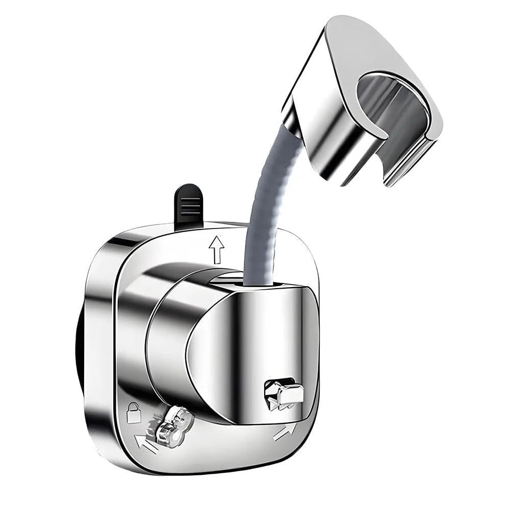 A chrome shower head holder with an adjustable suction cup mechanism and a flexible shower head.