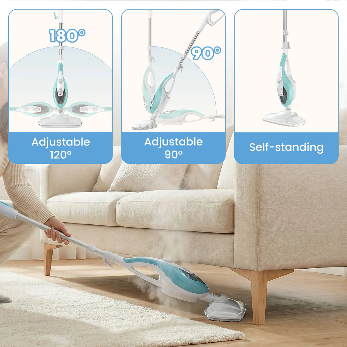 A handheld steam mop in teal and white is shown being used on a wooden floor, demonstrating adjustable angles and self-standi