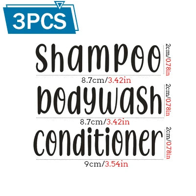 Three refillable pump bottles for shampoo, body wash, and conditioner with size measurements.