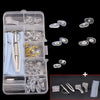 A clear plastic kit containing precision glasses repair tools including a screwdriver, tweezers, and various small instrument
