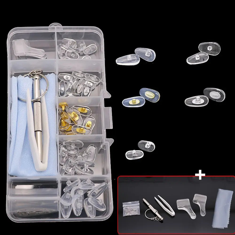 A clear plastic kit containing precision glasses repair tools including a screwdriver, tweezers, and various small instrument