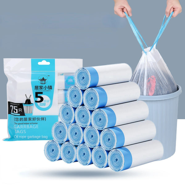 A stack of five white and blue roll-up drawstring trash bags is shown next to a plastic bag with a handle.