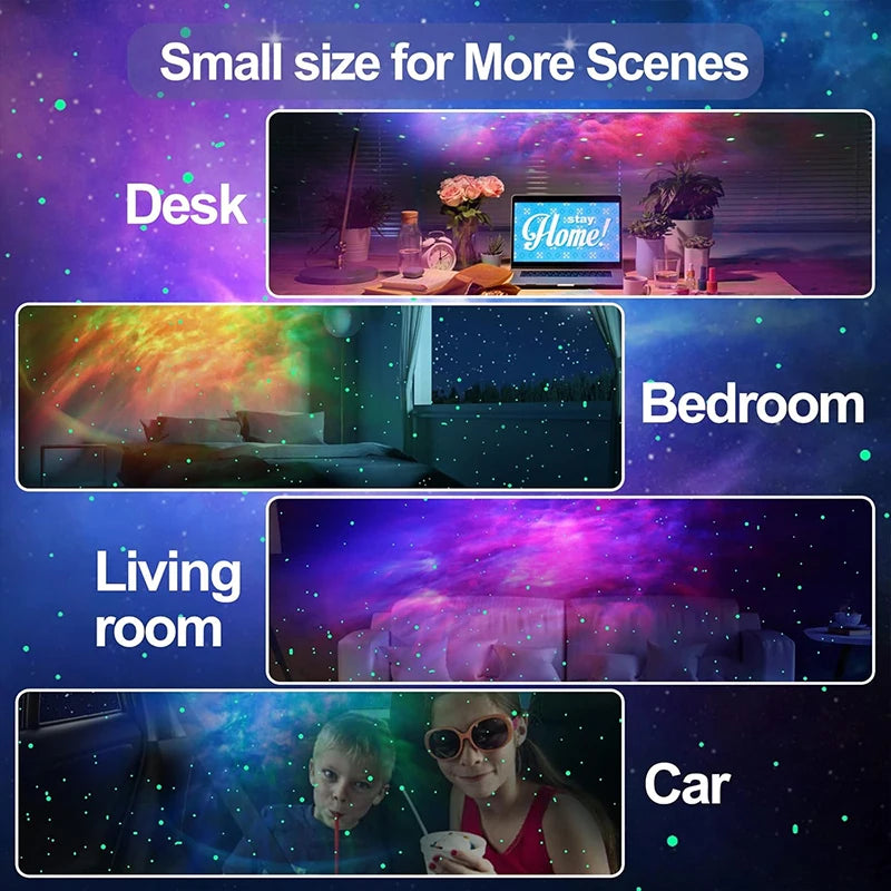 A collection of scenes projected onto various surfaces including a desk, bedroom, living room, and car interior.