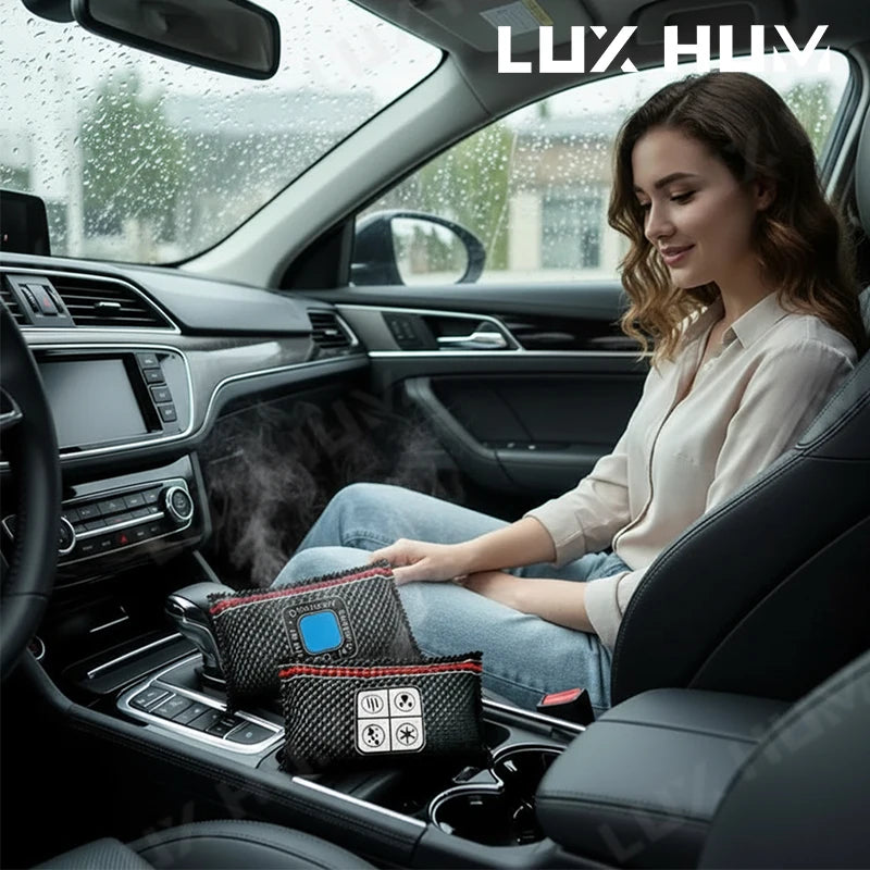 A woman sits in a car, holding reusable silica gel dehumidifier bags on the center console.