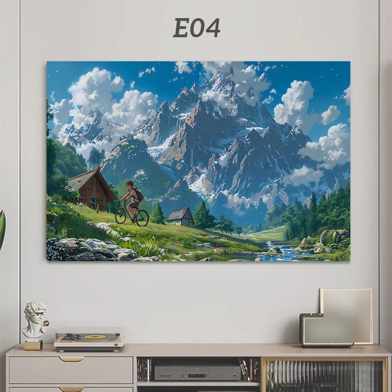 A painting depicting a mountainous landscape with green forests and a person cycling on a grassy slope.