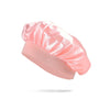Pink satin sleep bonnet for toddlers shown from the side.