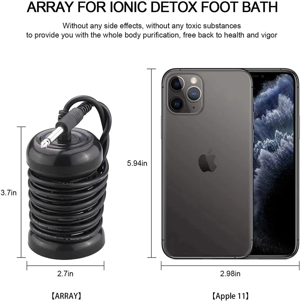 A black coiled device for an ionic detox foot bath is shown next to an iPhone 11.