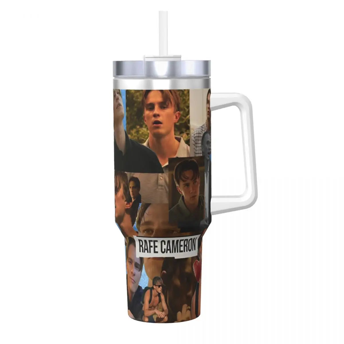 A stainless steel travel tumbler mug featuring a collage of movie stills and the text RAFE CAMERON