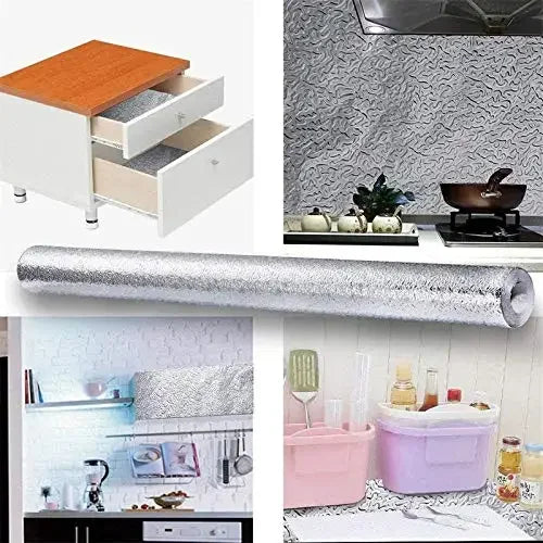 A silver self-adhesive aluminum foil kitchen wall sticker used as a waterproof and anti-oil backsplash protector.