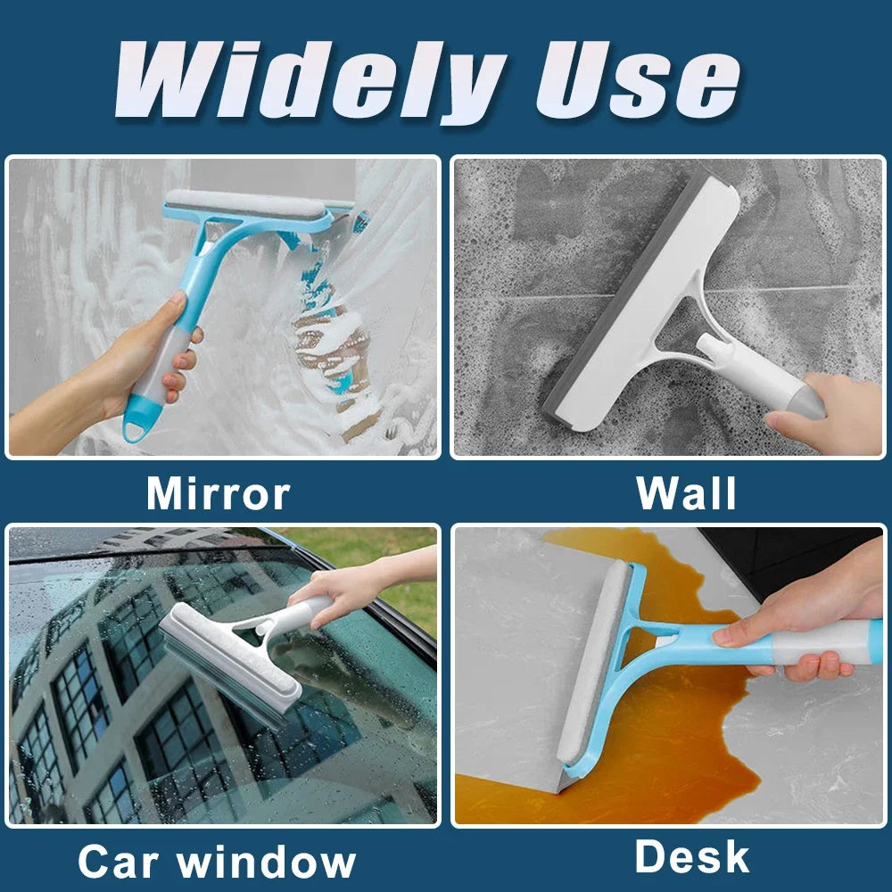 Drei-in-eins Fensterreinigungs-Squeegee und Scheibenwischer-Set in Gebrauch auf Spiegel, Wand, Auto- oder Schreibtischfenster