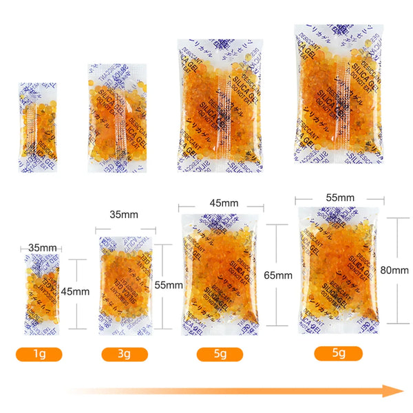 Various sizes of orange food desiccant silica bags for moisture control, shown in individual and grouped quantities.