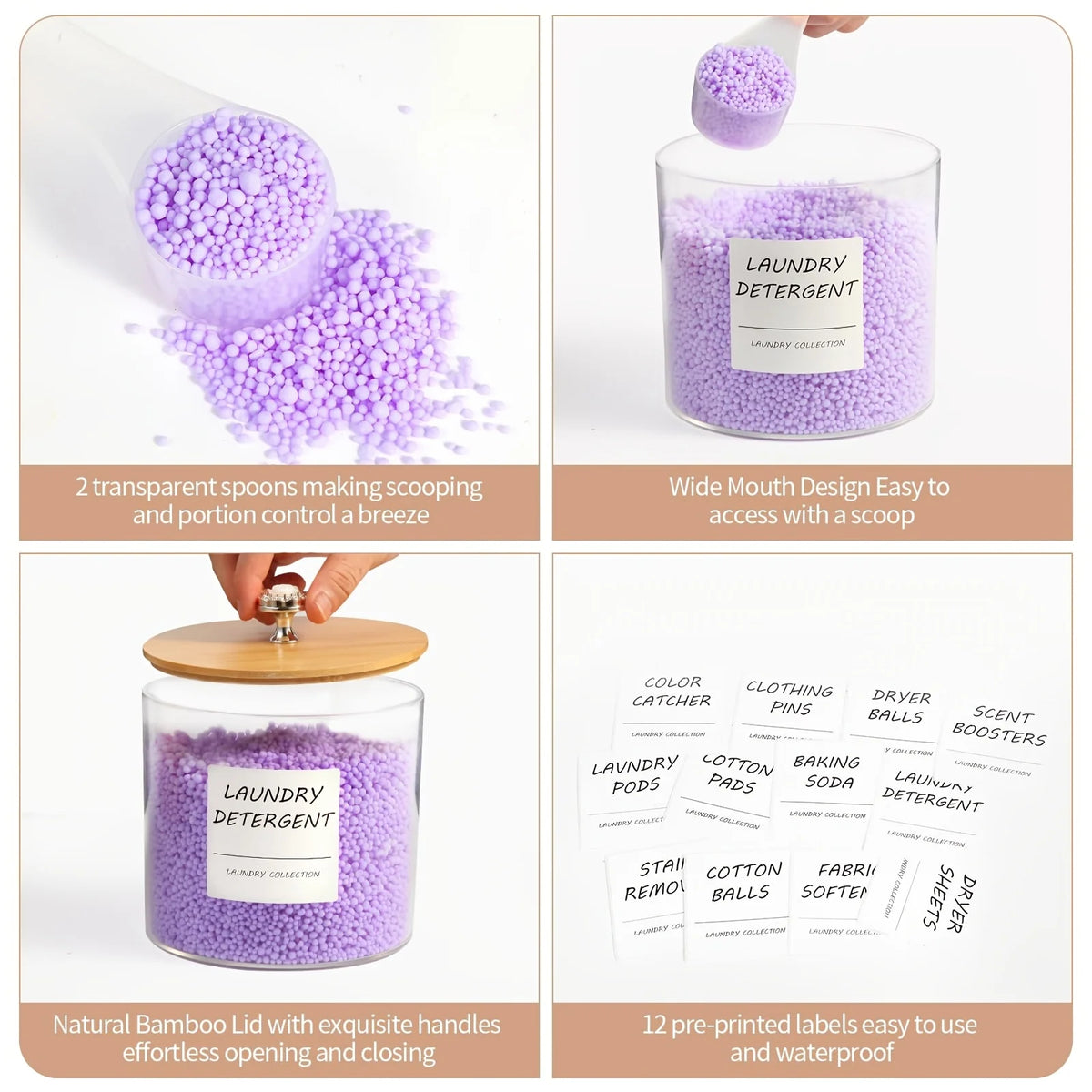 A set of purple laundry detergent storage containers made from natural bamboo lid with easy opening and closing.